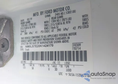 2019 Ford Transit Connect Xl z USA, uszkodzony, nr VIN NM0LS7E20K1424170